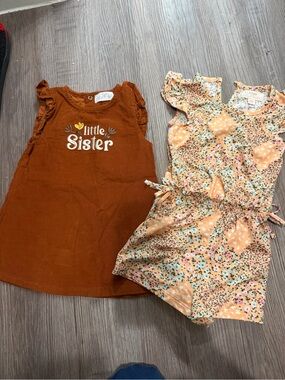 Rust Orange Girls' Little sister Dress & Orange Multi-Color Romper- 12 month